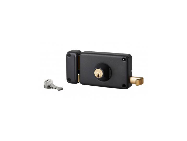 Serrure Horizontale En Applique Double Entrée À Tirage Pour Porte D'Entrée\, Gauche\, Axe 70mm\, 140x88mm\, Noir\, 3 Clés - Thirard