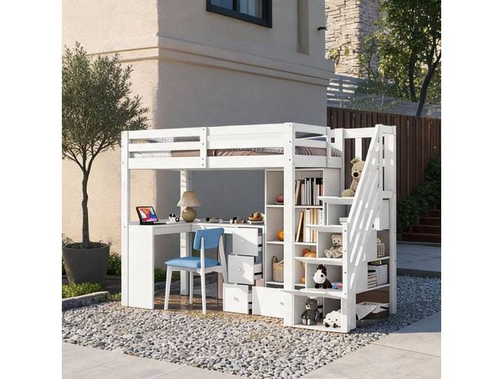 Lit superposé 90x200 cm avec bureau et rangement en pin et MDF soft white