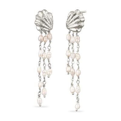 Paar Ohrhänger HAZE & GLORY "Ohrringe Muschel Ohrhänger lang mit Süßwasserperlen Weiß 925 Sterling Silber" Gr. 55, silber, Ohrringe, Damen, 55, Silber 925 (Sterlingsilber)