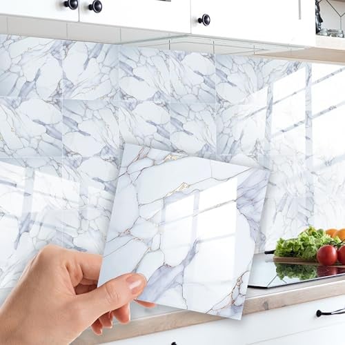 Walplus Moderne Witte Marmeren Tegelstickers, Zelfklevende Mozaïektegels voor Keuken en Badkamer, 24 stuks, 15 x 15 cm