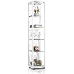 K-Möbel Glasvitrine in Weiss (176x37x33cm) mit 4 höhenverstellbaren Glasböden, Spiegel, Schloss, LED - Modellauto Vitrine Weiß - Vitrinenschrank Weiss