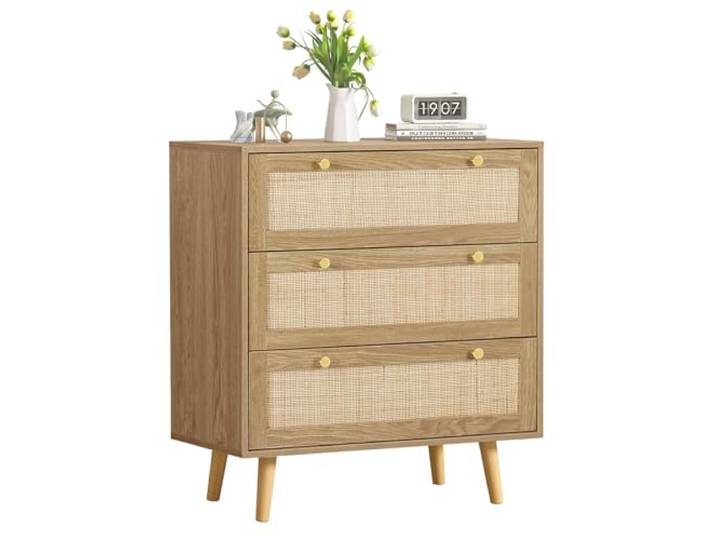 Skokliz Kommode mit 3 Schubladen, Kommodenschrank Sideboard Schubladenschrank, Beistellschrank viel Stauraum in Rattan für Schlafzimmer Wohnzimmer Flur Möbel, 80x40x92cm
