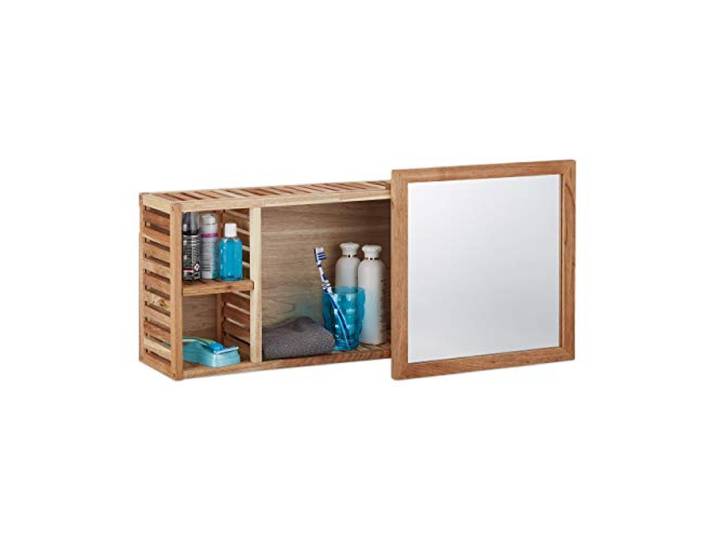 Relaxdays Wandregal mit Spiegel, Walnuss, verschiebbarer Spiegel, geöltes Holz, 80 cm breit, besonders fürs Badezimmer, Natur