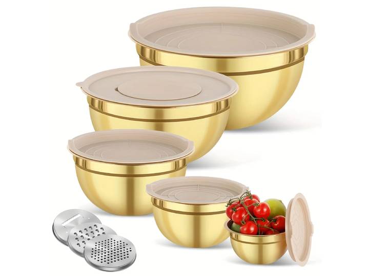 Ensemble de 10 bols à mélanger en acier inoxydable doré, avec couvercle et aiguiseur – idéal pour la pâtisserie, la cuisine et les salades. Nettoyage en lave-vaisselle