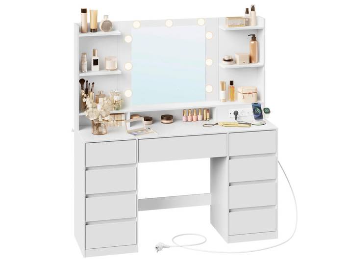 Boxxx Schminktisch, Weiß, Glas, 9 Schublade(n) Schubladen, rechteckig, D, 40x144x107 cm, Schlafzimmer, Schminktische