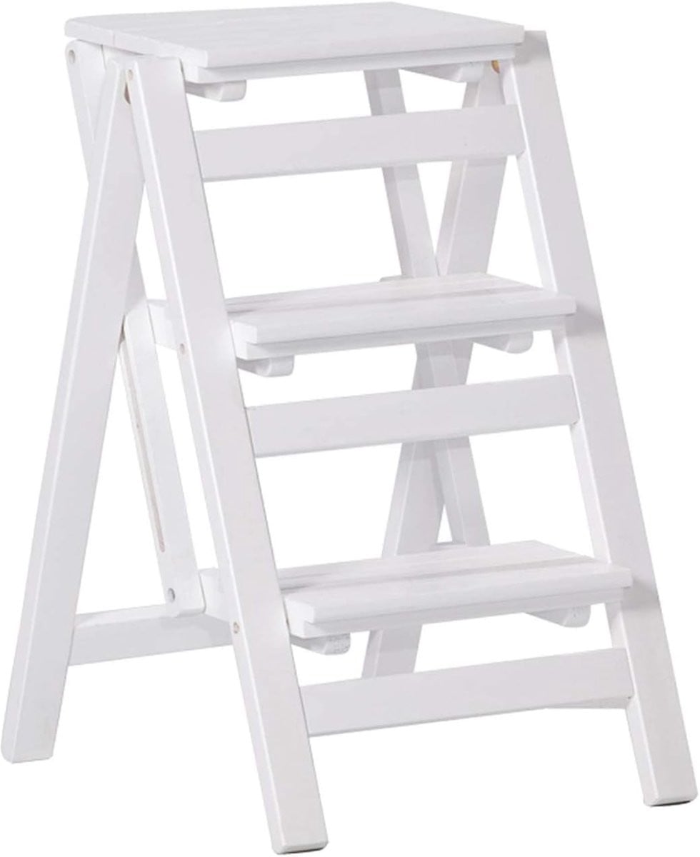 Opvouwbare houten keukentrap klimladder krukje wit
