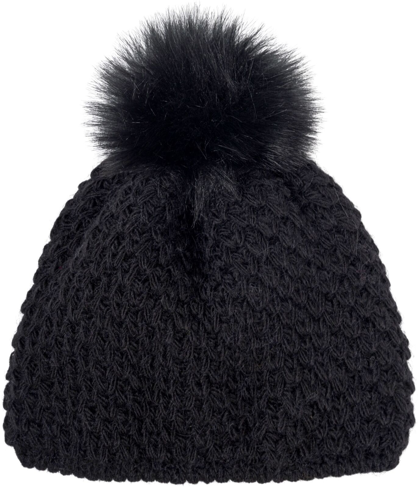 Bommelmütze STYLEBREAKER "Kinder Bommelmütze V-Muster Gehäkelt", Mädchen, schwarz, Modisch, Mützen Bommelmütze