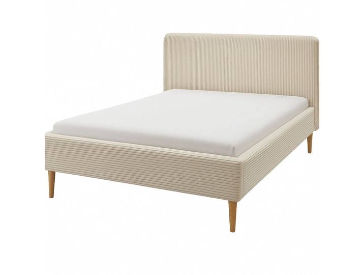Wohnglücklich Polsterbett Juna (mit gepolstertem Kopfteil, mit Knopfheftung, mit Holzfüßen), Modernes Design schlicht & zeitlos