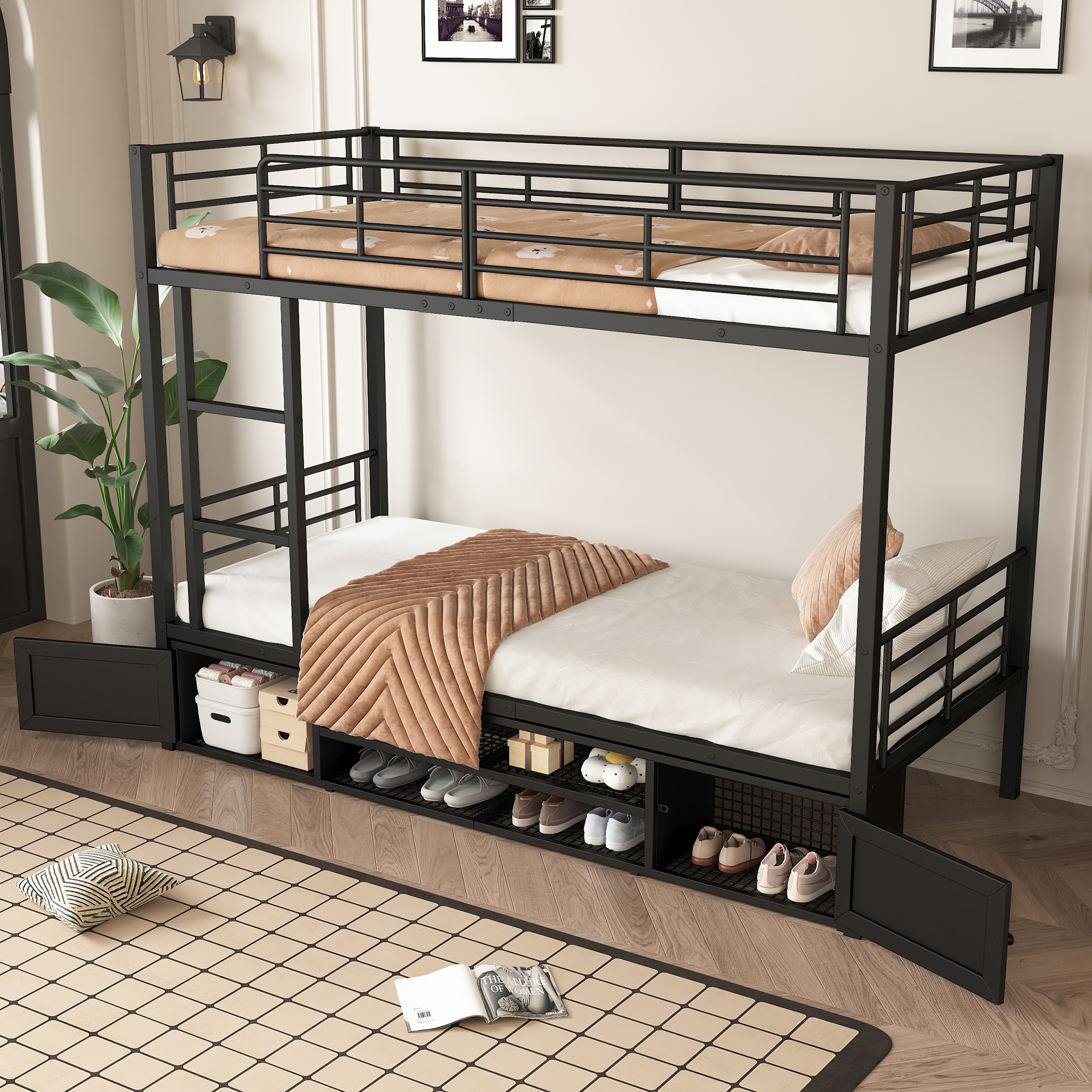 okwish Etagenbett Stockbett 90x200cm mit Fallschutzgitter und Offener schuhschrank, Hochbett mit Rausfallschutz, Eisenrahmenbett Kinderbett Bettgestell mit Lattenrost und Doppeltüriger kleiner lagerschrank, Schwarz