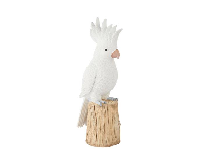 Kakadu-Figurauf Baumstumpf für den Garten, weiß, H51cm