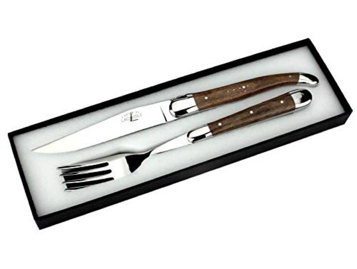 Forge de Laguiole - Set ein Steakmesser und eine Gabel - Griff Nussbaumholz - Besteck Frankreich - Stahl hochglanz