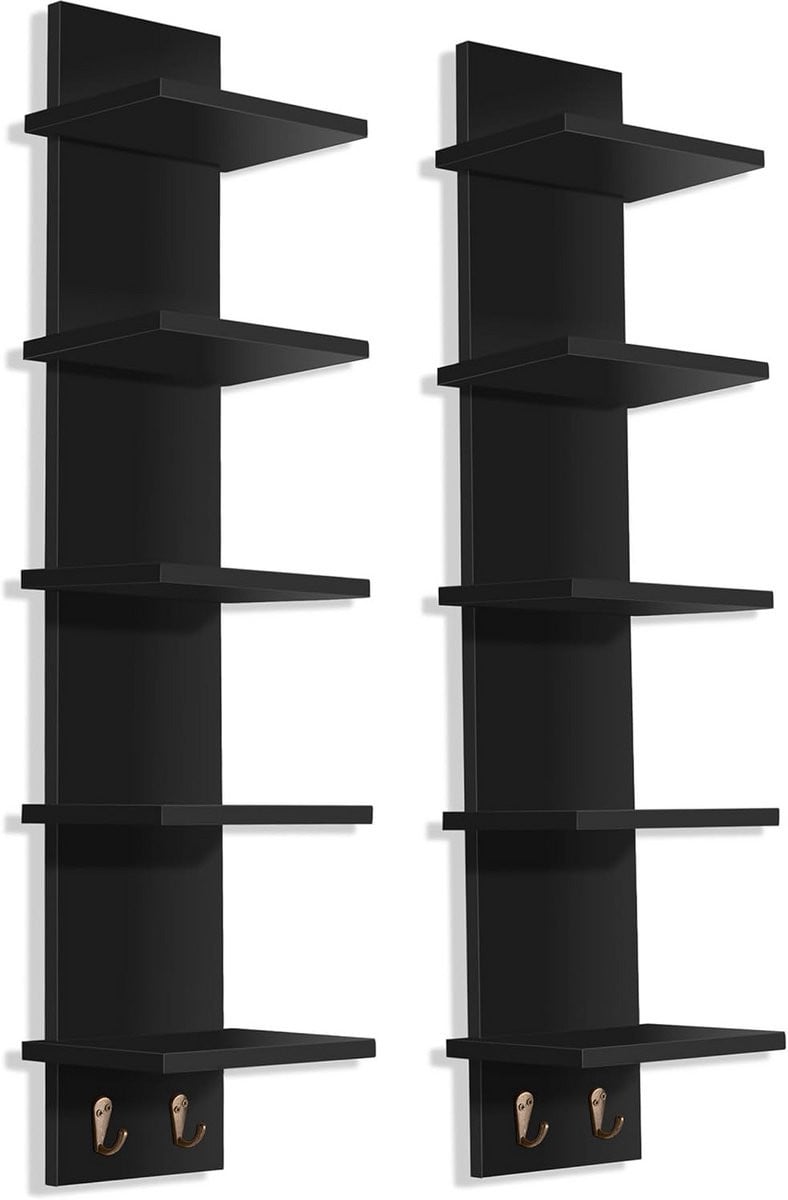 Zwevende Wandplank Set van 2 Stuks met 5 Niveaus en Haken voor Verticale Opslag in de Woonkamer, Badkamer, Slaapkamer of Keuken