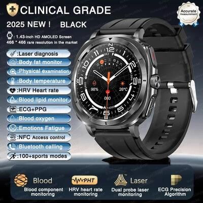 Uplift Essentials Nursing Health Pro Smart Watch ECG, Uric Acid & Blood Fat Monitor Mens Body Analysis & HD Call Health SmartWatch black