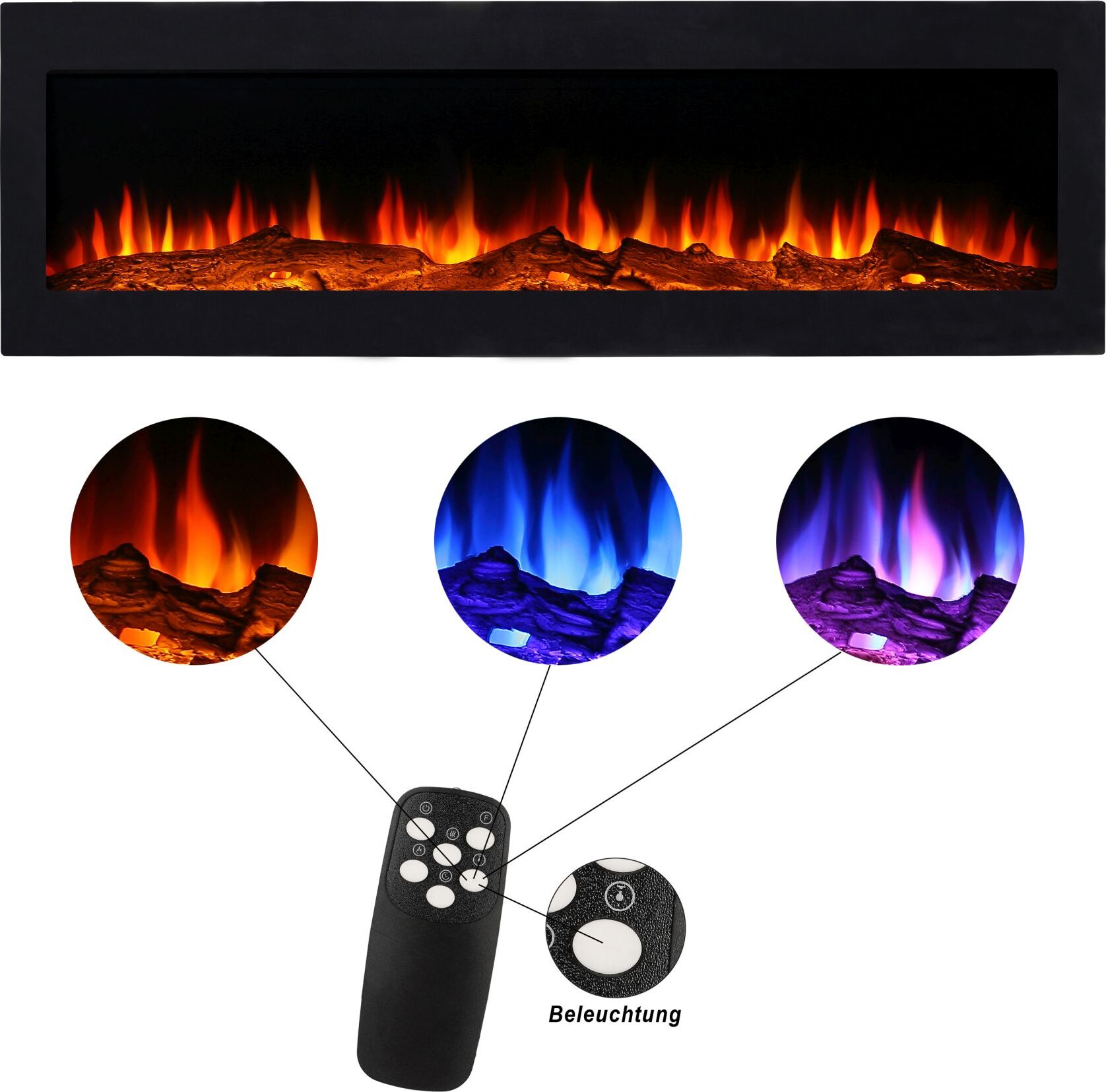 El Fuego Brixen Elektrokamin 180 cm mit Heizung und LED Flammeneffekt