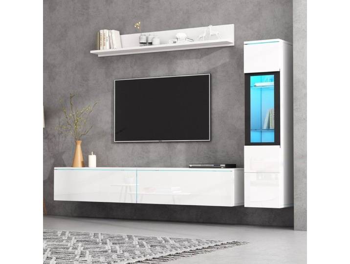 Ensemble Meuble TV Mural 3 Pièces LED Blanc Laqué Meuble Salon avec 1 Meuble TV 1 Vitrine et 1 Étagère Murale