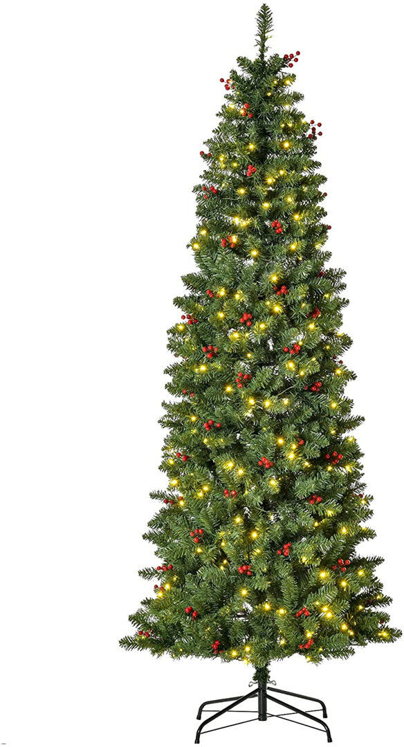 The Seasonal Aisle HOMCOM Prelit Pencil Christmas Tree w/ LED Light Berry Xmas Decoration Green 7' H