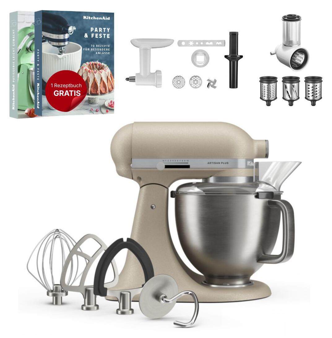 KitchenAid 4,7 L 5KSM50 Artisan Plus Küchenmaschine Allrounderset mit Gemüseschneider + Fleischwolf + Spritzgebäckvorsatz Oat (Hafer)