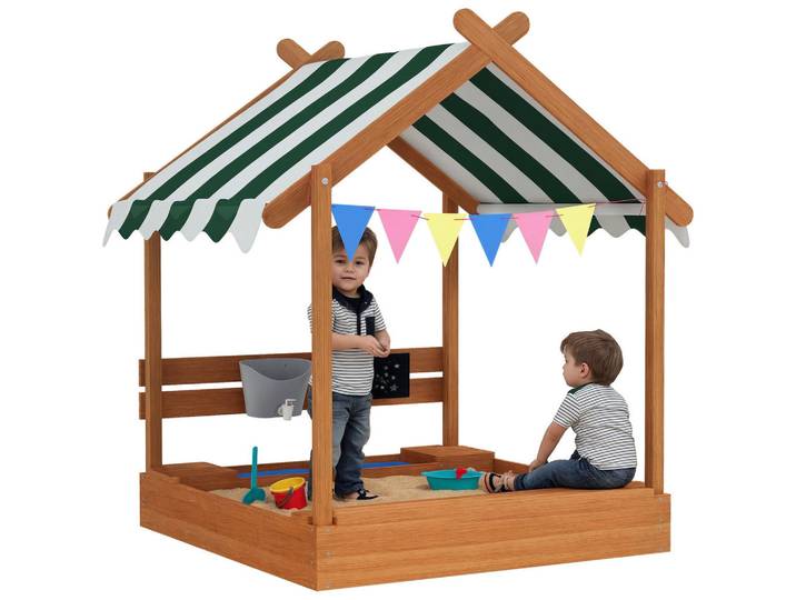 ComfortXL Sandkasten De-10468 mit Spielhaus-Design & Sonnenschutz Grün, 116x146x124 cm, Freizeit & Co, Gartenspielzeug, Sandkästen