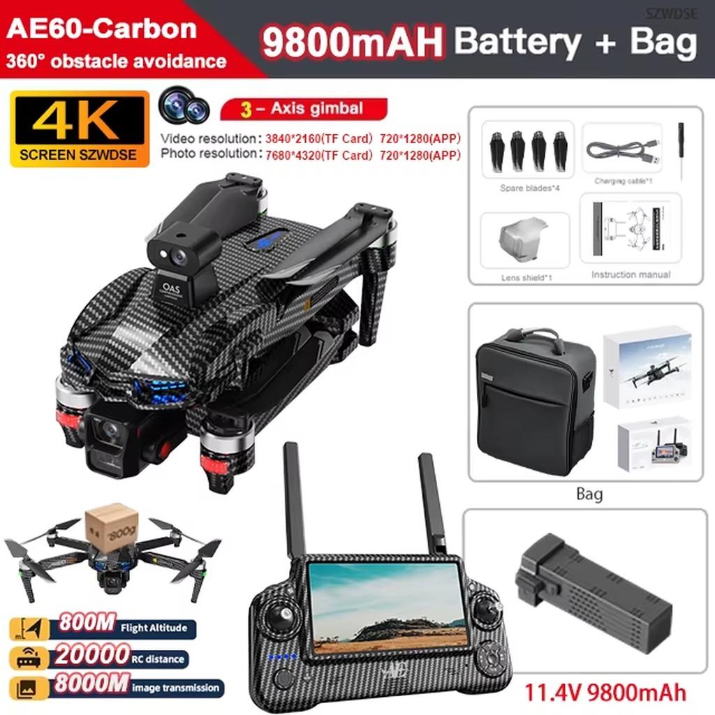 GPS-Drohne - AE60 - 2K-QHD-Kamera - 3-Achsen-Gimbal - Über 30 Minuten Flugzeit - Bürstenloser Motor - Carbon