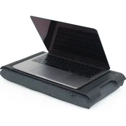 Mini Laptray Tablett schwarz Kunststoff mit Anti-Rutsch-Beschichtung und mit einem grauen Kissen