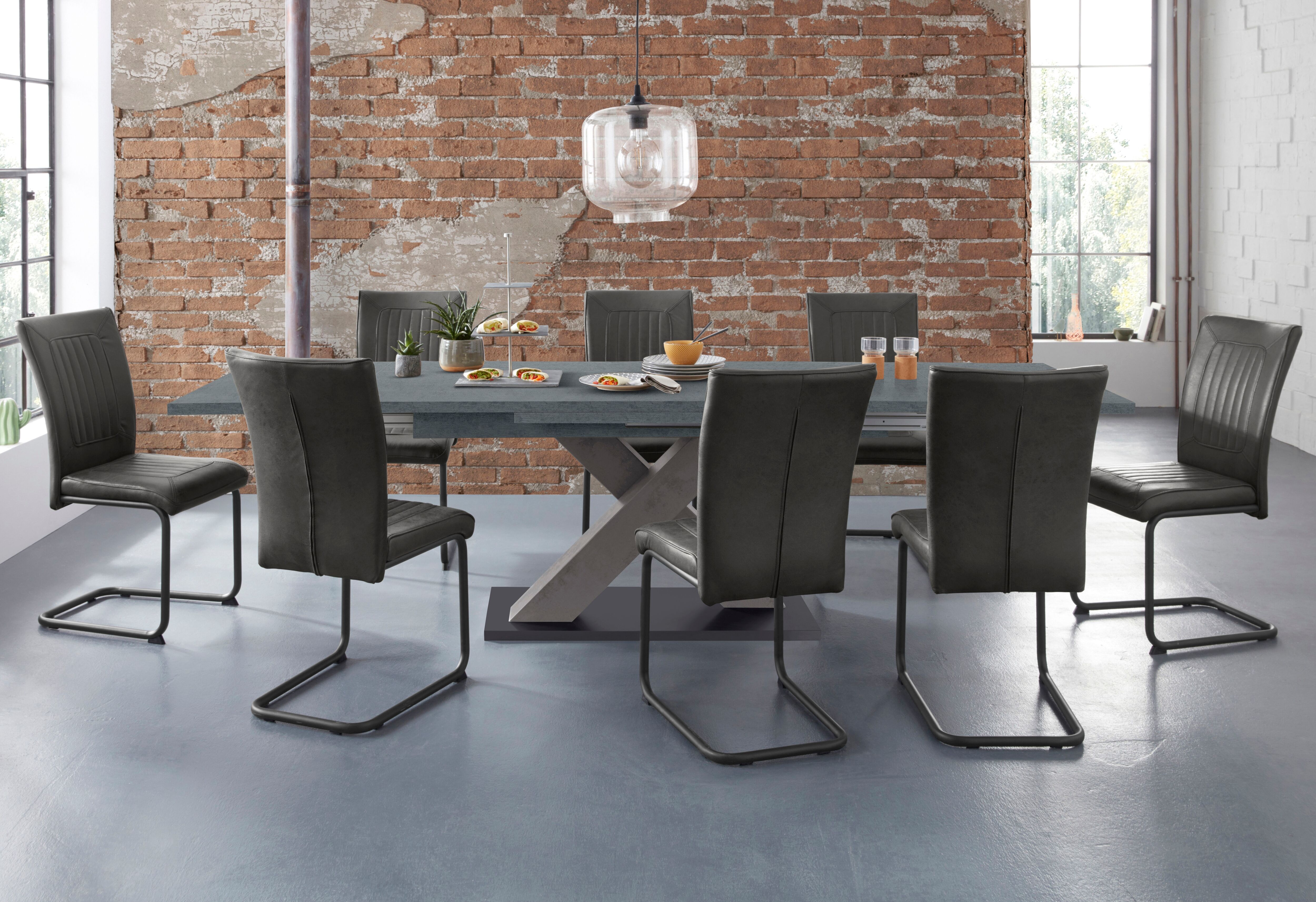 Esstisch MÄUSBACHER "Komfort Tisch", grau (graphit, graphit, graphit), B:180cm H:76cm T:90cm, Tische, Esstisch, Mäusbacher Esstisch mit X Gestell und Bodenplatte. Breite 180-280 graphit, graphit, graphit B/H/T: 180cm x 76cm x 90cm