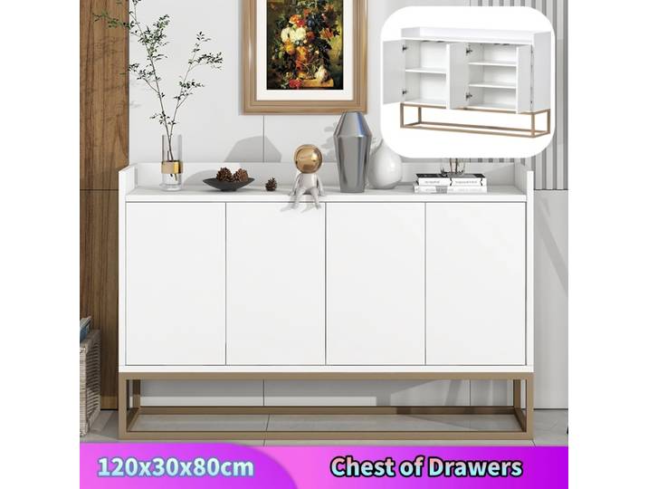 Comanlai Buffet minimaliste 120x30x80cm, commode, meuble buffet moderne, avec 4 portes, pieds en métal, étagère réglable