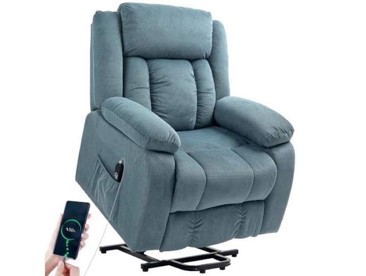 HOMCOM Fernsehsessel mit Aufstehhilfe Elektrisch Relaxsessel, Blau Gepolstert TV Sessel, mit Liegefunktion, USB-Anschluss, Fernbedienung, Seitentaschen, Samtoptik