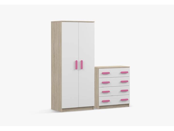Drehtürenschrank und Kommode 2er-Set JONAS III 06/JONAS III 02 Sonoma Eiche Weiß Rosa