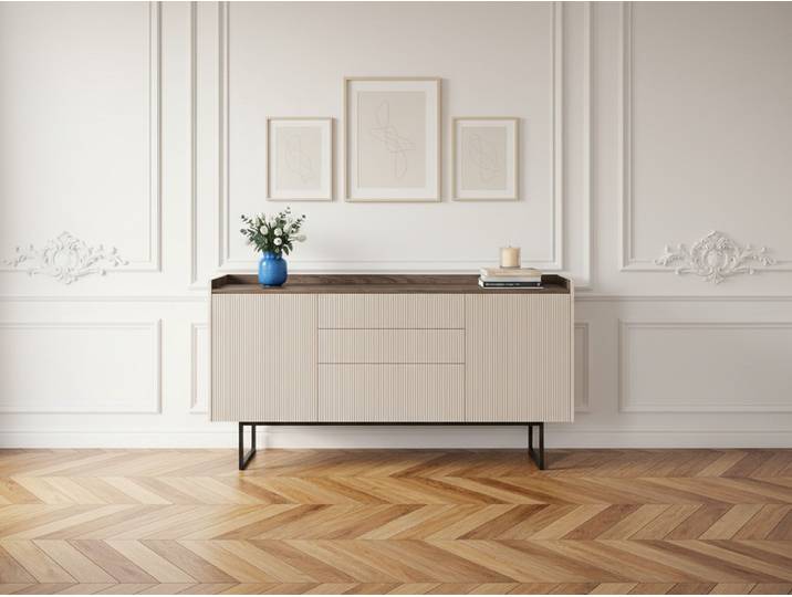 Buffet 2 portes 166 cm LOUNA beige et effet bois avec tasseaux et LED