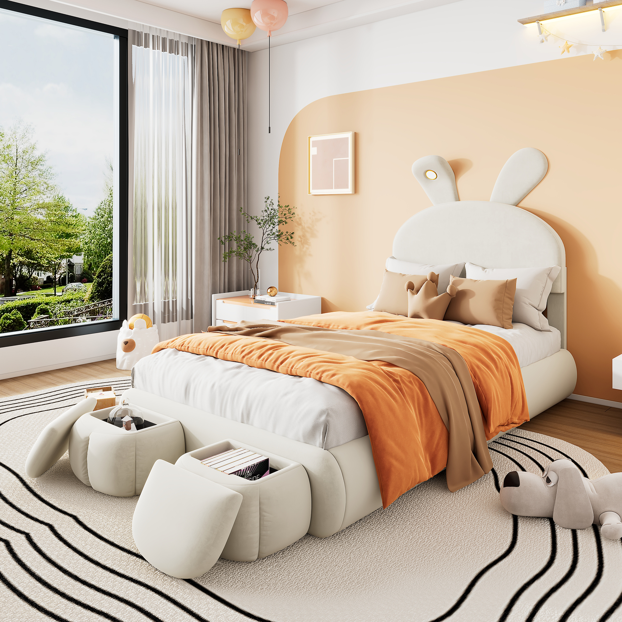 STILVORA Kinderbett 90×200 cm Polsterbett mit LED-Licht & Bettkasten, Jugendbett Einzelbett mit Kopfteil, Samt, Beige (mit Matratze)