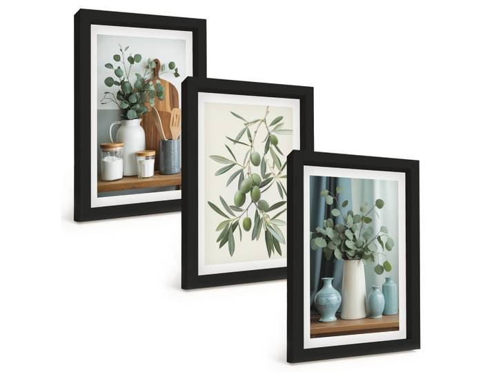 BILDER SET 3er Set - 20x30 cm Schwarzer Rahmen - Grüne Oliven, Eukalyptus