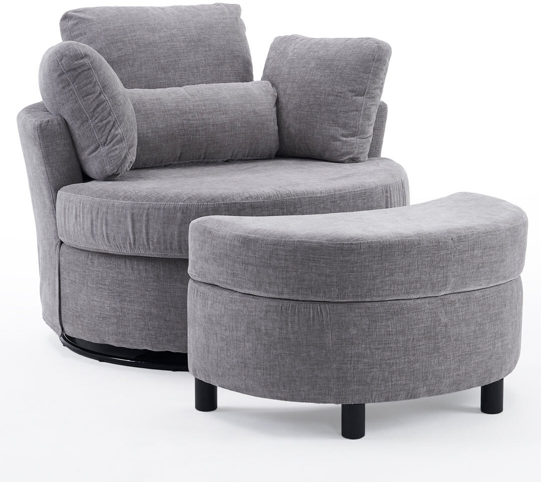 Ivy Bronx Upholstered Teddy Swivel Armchair With Footstool Grey Chenille 82cm H X 105cm W X 107cm D