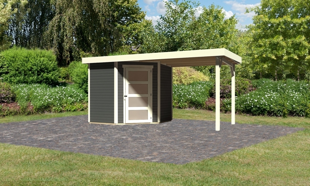 Karibu Gartenhaus Gerätehaus Schwandorf 3 im Set mit Anbaudach 2,40 m Breite terragrau 433x217x218 cm