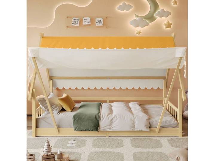 COVREO Lit cabane enfant 90x200 cm en pin avec tente amovible barrières de sécurité et sommier à lattes