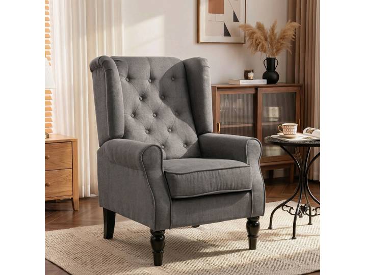 HOMCOM Fauteuil de Salon, Fauteuil d'Appoint Mi-Siècle Moderne en Velours avec Haut Dossier Capitonné à Oreilles, Gris