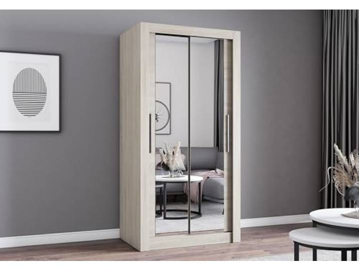 Easy4You MN Sonoma Schiebetürenschrank Kleiderschrank 100x200x64 cm mit Spiegel - Schlafzimmermöbel, Aufbewahrung – Mehrzweckschrank mit 2 Kleiderstangen
