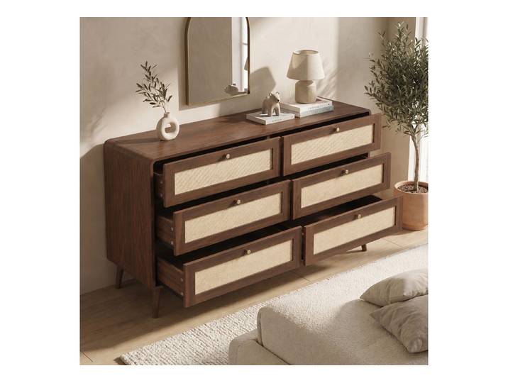 Odikalo Kommode Sideboard Beistellschrank mit abwechselnden Maserunge und Walnussholz (mit 6 Schubladen, 120 cm breit, geräumige Schlafzimmerkommode mit abgerundeten Ecken und erhöhten Beinen)