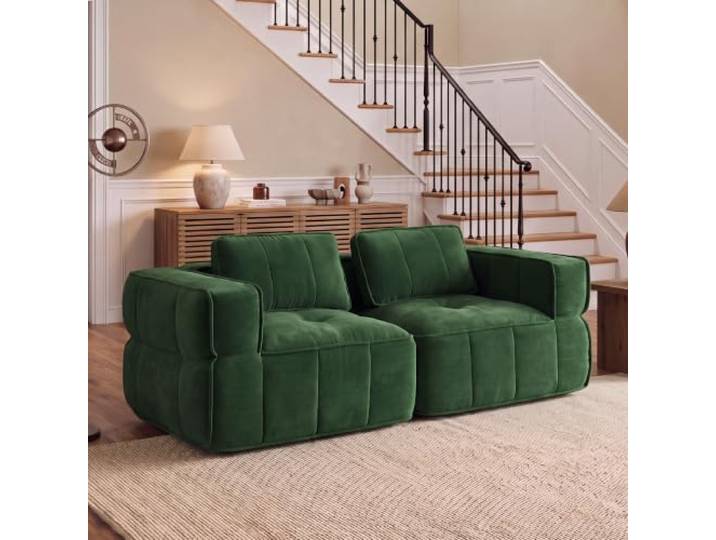 SoarTalent 2-Sitzer-Sofa, Boneless Couch, Sofa mit Samt-Optik, 198cm, Green Abriebfest, pflegeleicht, klare Linien, rahmenloses Design, 48 cm Sitztiefe，Sofa für Wohnzimmer & Schlafzimmer