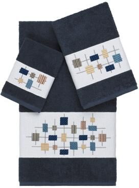 Authentic Hotel and Spa Turkish Cotton Squares Embroidered Midnight Blue 3-piece Towel Set