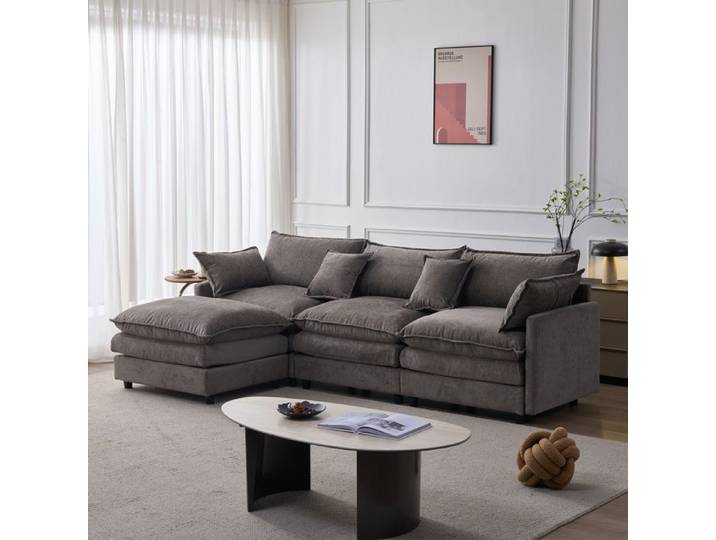 Canapé d'angle modulaire - Gris - Chenille - 267x154x85 cm - 3 places + pouf - Design modulaire