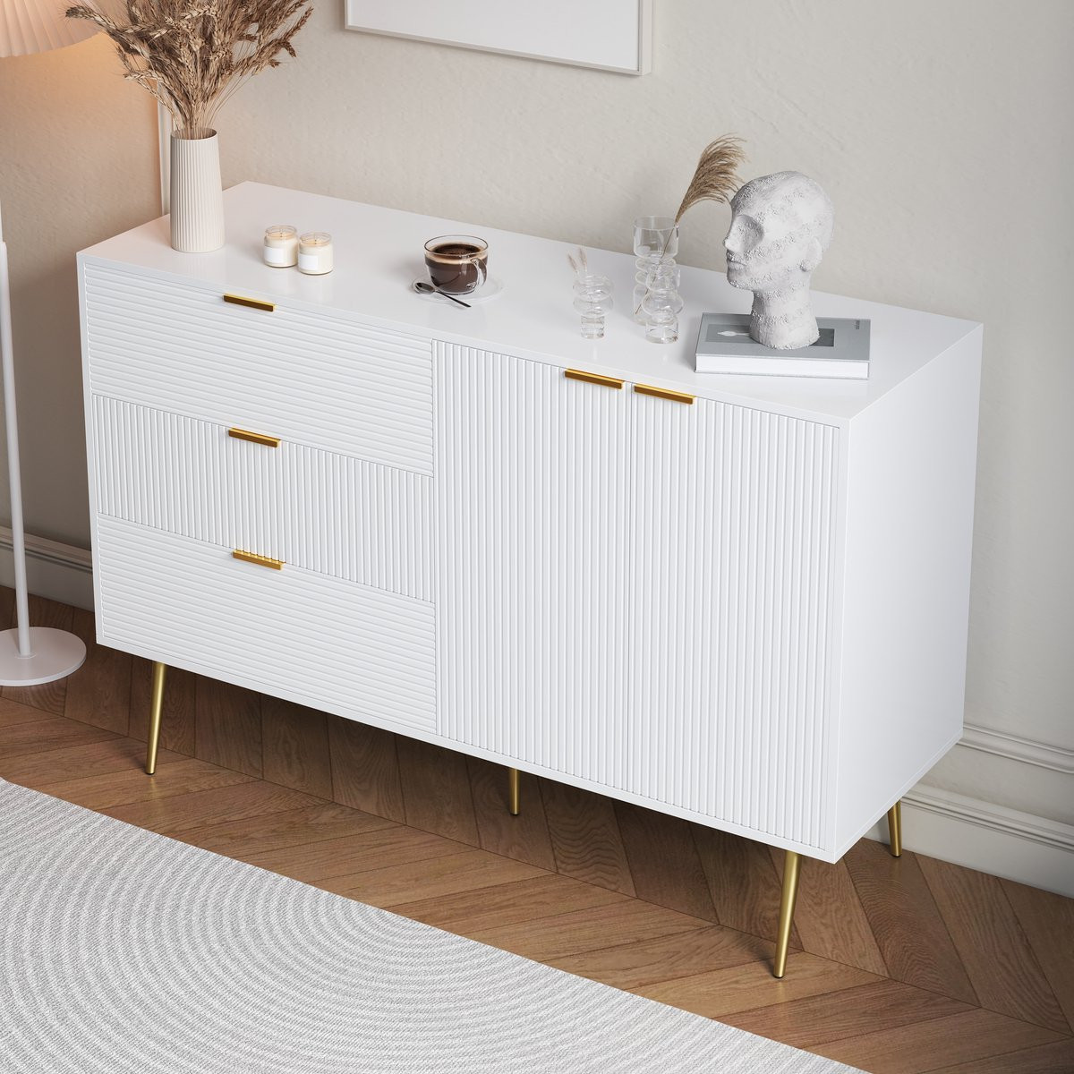 REDOM Sideboard wit met gouden poten en grepen, 3 laden en 2 deuren met binnenplanken