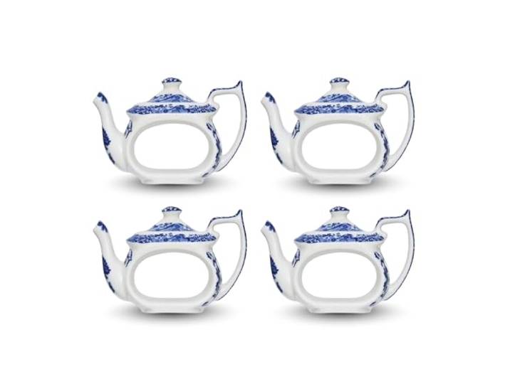 Spode Lot de 4 ronds de serviette en céramique avec théière italienne\, 6\,3 cm\, bleu et blanc\, pour divertissement\, décoration de table ou cadeau\, 1808416