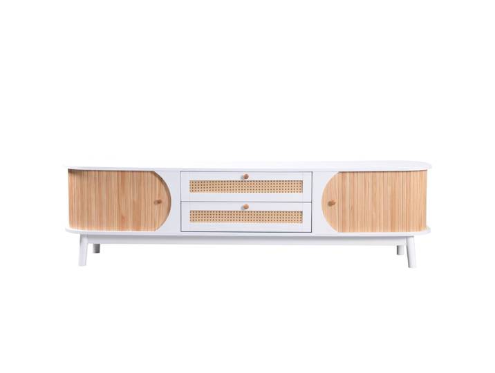 Meuble tv avec tiroirs et portes en rotin, 170 cm, blanc et bois