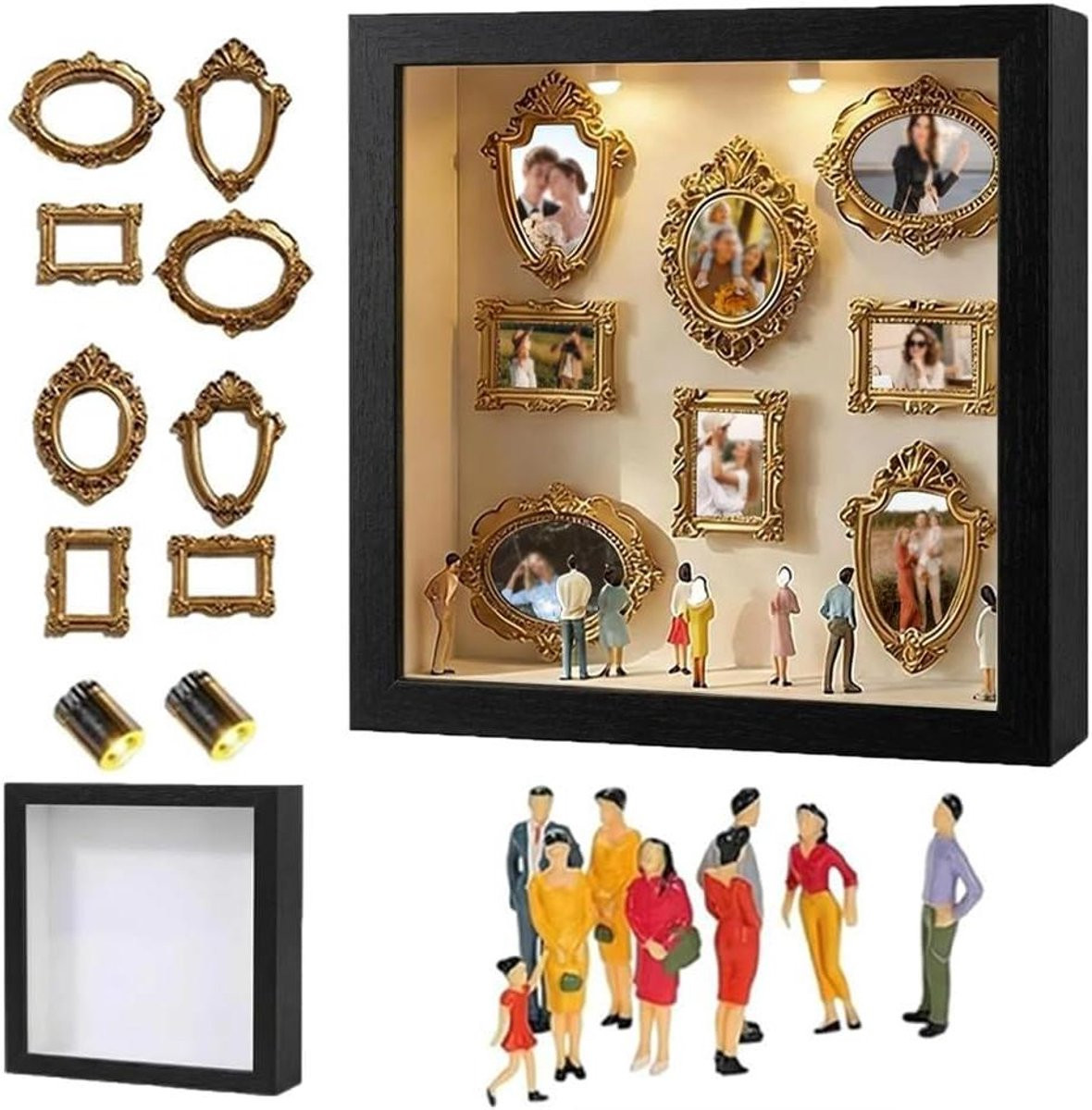 Mini Museum Silhouetbox Herinneringsvitrine Doe-het-zelf Display met Gouden Frame - Zwart
