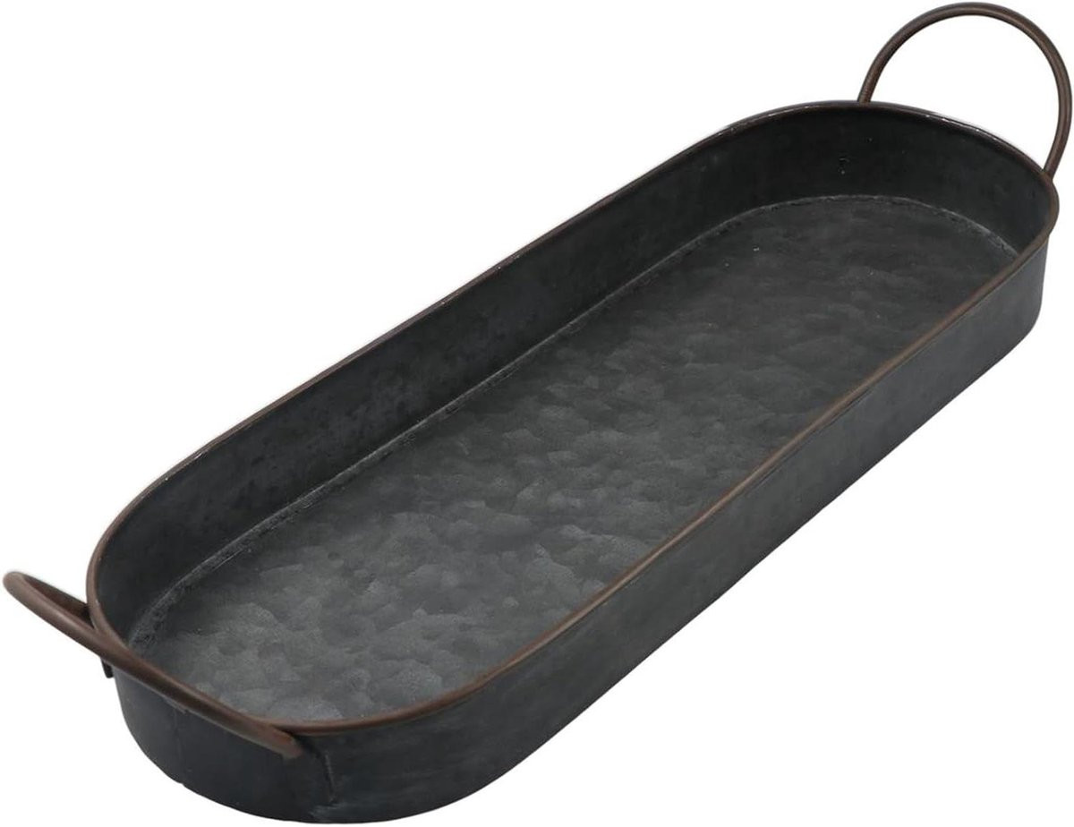 Ovaal Metalen Dienblad Zwart met Handvat - Rustieke Serveerschaal voor Ontbijt - 35 x 13 cm