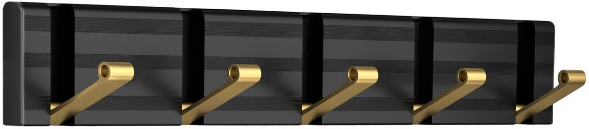 Moderne Wandkapstok met 5 Opklapbare Haken voor Hal, Badkamer en Slaapkamer - Zwart/Goud