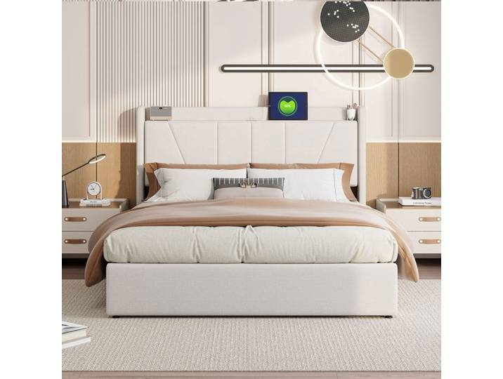 Lit 140x200cm avec sommier à lattes lit double avec interface USB/Type-C lit coffre 140x200cm tissu lin beige
