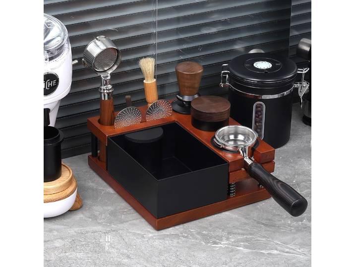 Espresso Knock Box avec station de bourrage, support de porte-filtre à ressort, panier Pound et entonnoir, convient à Tamper 51mm, 54mm, 58mm