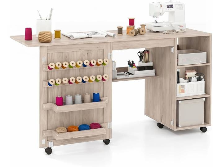 Table De Couture Pliante\, Meuble Machine À Coudre Avec 4 Compartiments Ouverts\, 18 Rangées De Bâtonnets\, 2 Plateaux De Rangement\, Beige