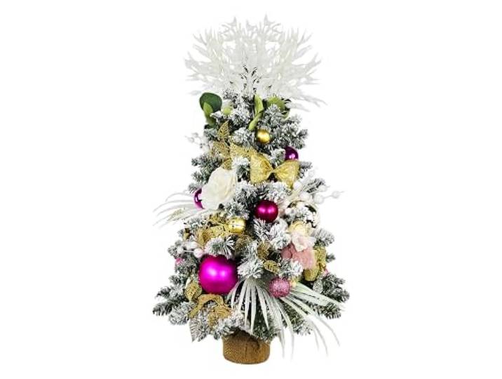 LAALU Künstlicher Weihnachtsbaum 60 cm mit LED-Beleuchtung – ROSENZAUBER – mit 37 Weihnachtsbaumschmuck – Pflanztopf mit Jutesack